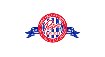 A red, white and blue logo for pasttoo ravioli.